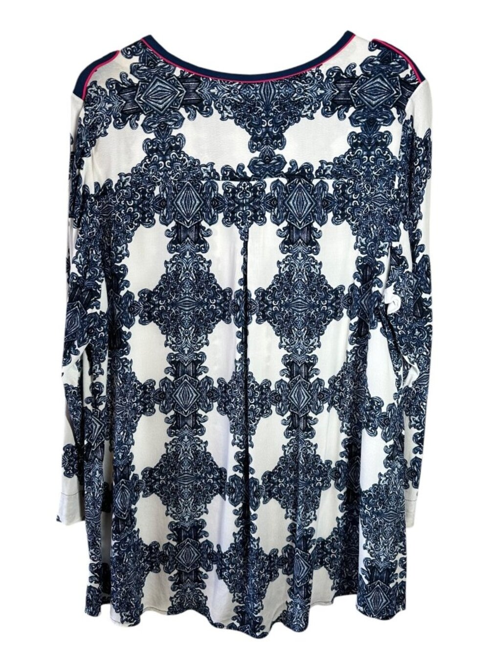 Soft Surroundings 1X White Navy Scroll Print Tunic Top Pink Trim Roll Tab Sleeve - Picture 4 of 6